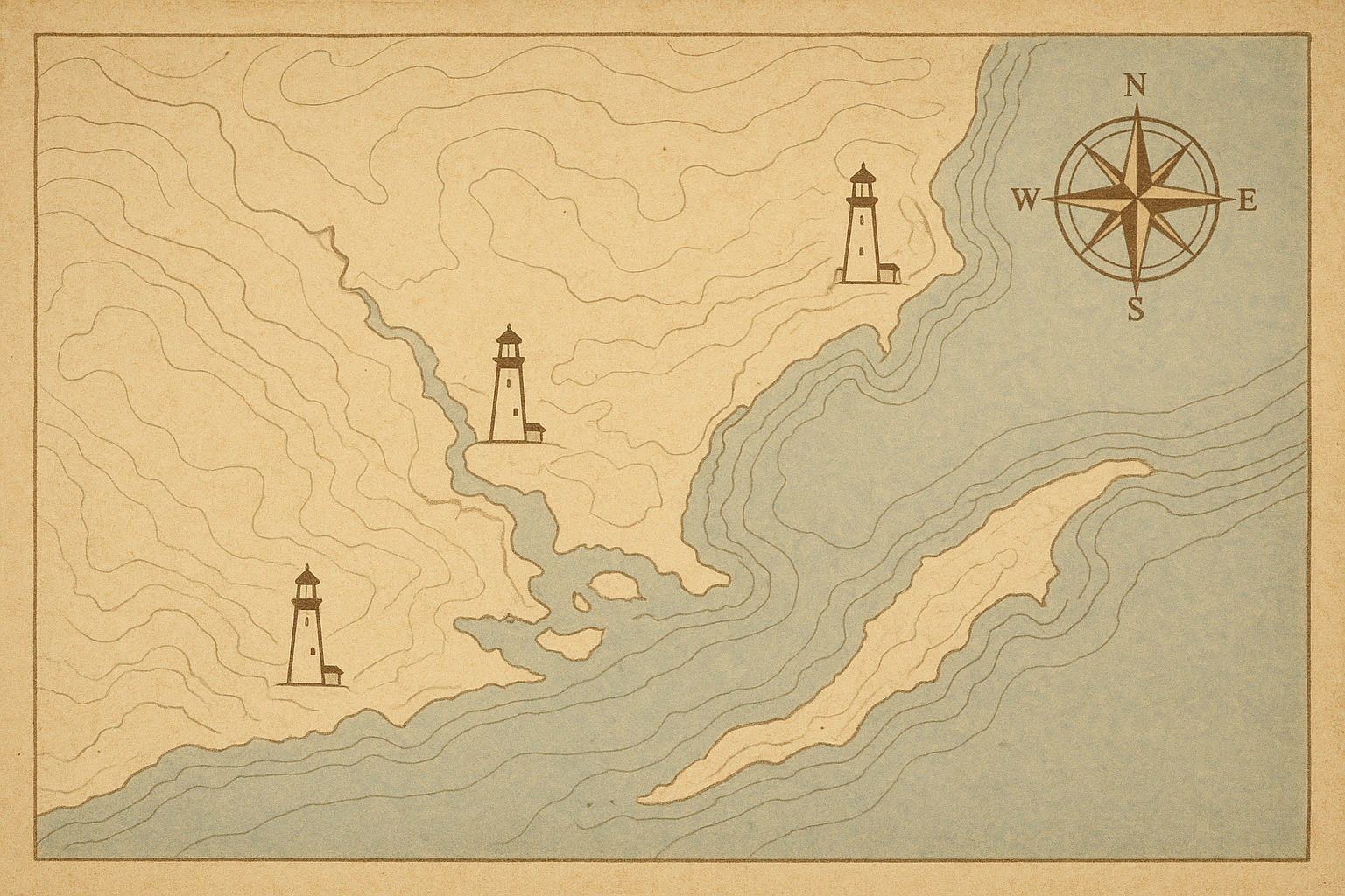 Illustrated archival-style coastal reference map with shoreline contours and lighthouse markers along the northern coast