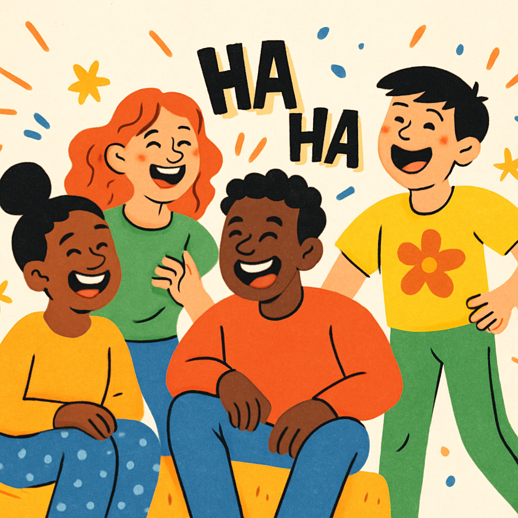Cheerful, playful cartoon illustration of friends laughing together