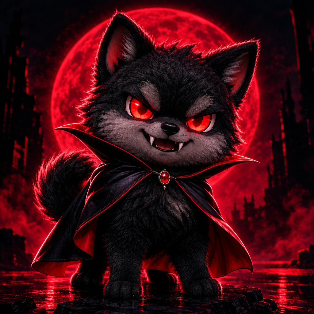 Chibi vampire inu dog with tiny fangs, red eyes, and a dark cape posing like a dramatic market prince
