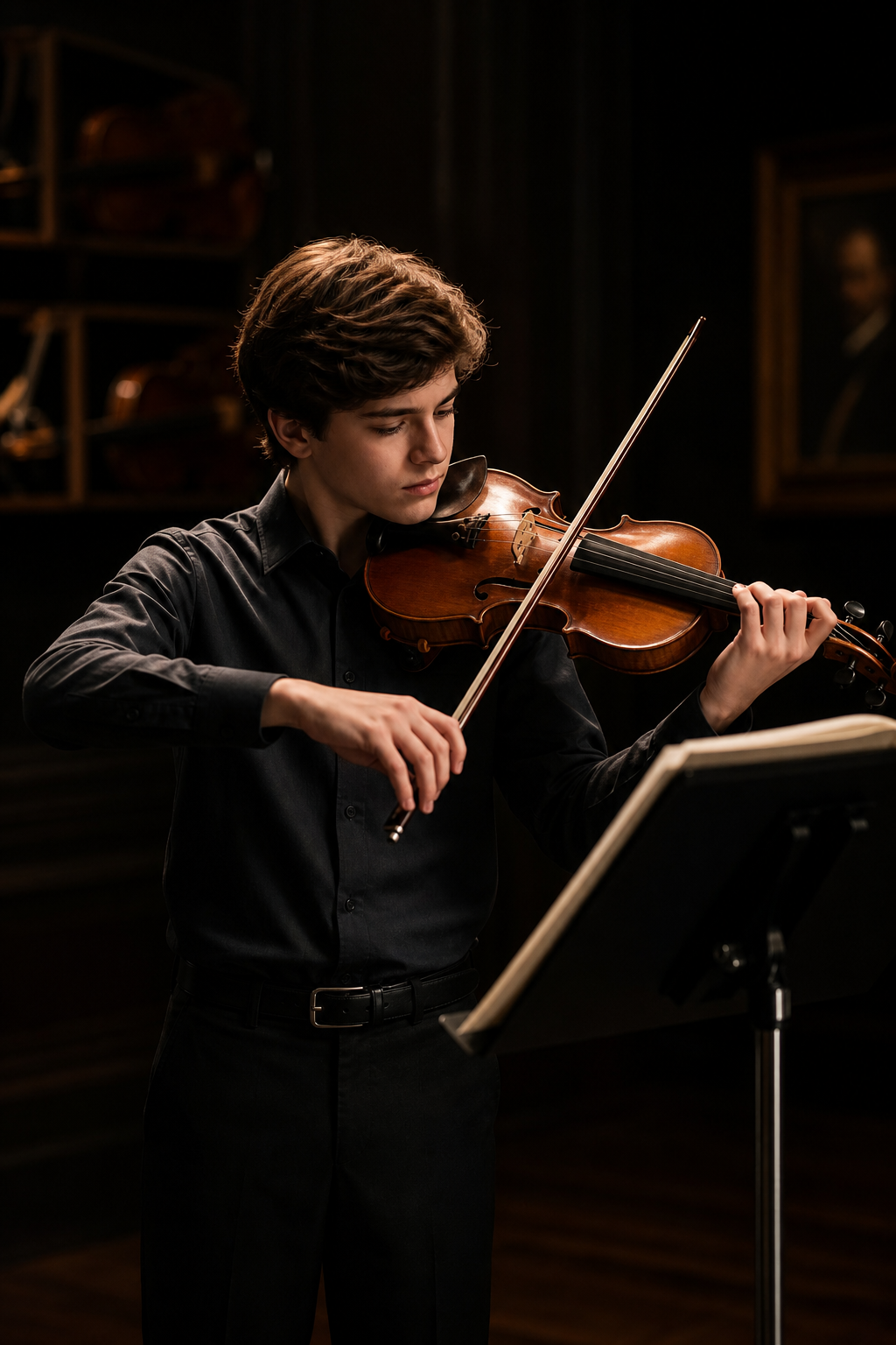 Focused young violinist in a dark studio rehearsing for an audition with a music stand and soft spotlight