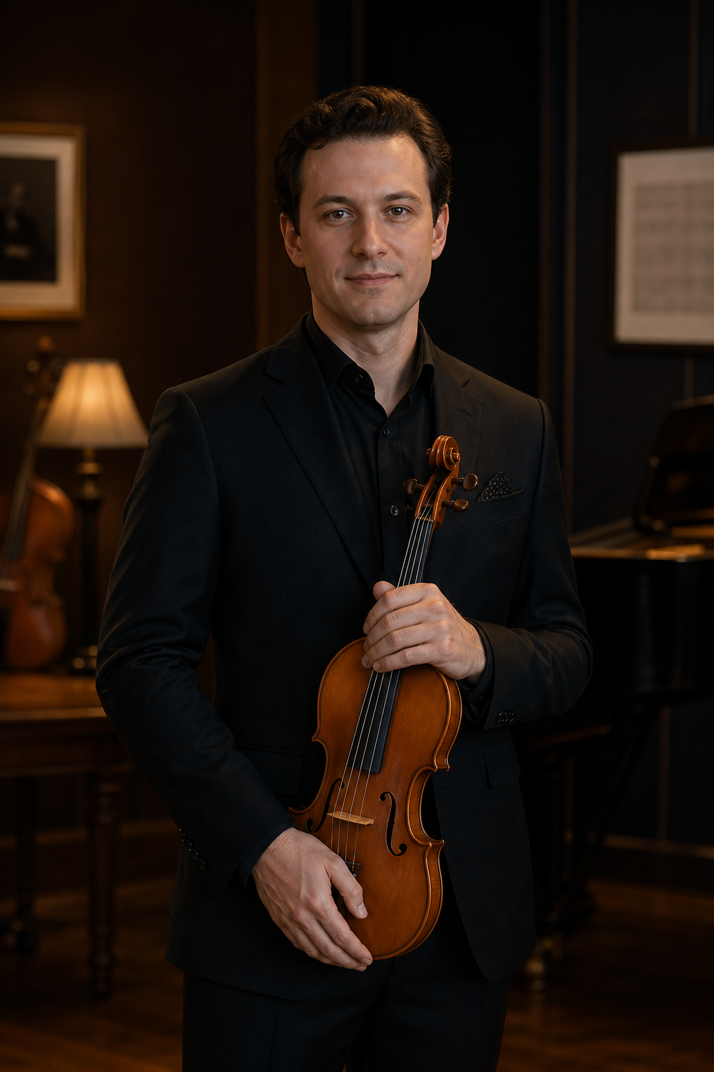 Christian Kazmierski standing with a violin, wearing a dark tailored suit in a softly lit studio