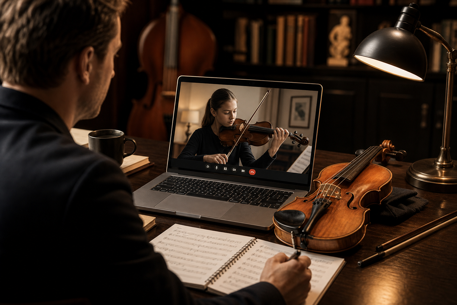 Instructor reviewing a student violin lesson on a laptop with a violin resting beside the keyboard