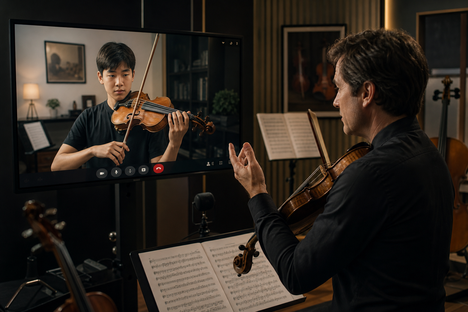 Instructor leading an online violin masterclass with a student on video call