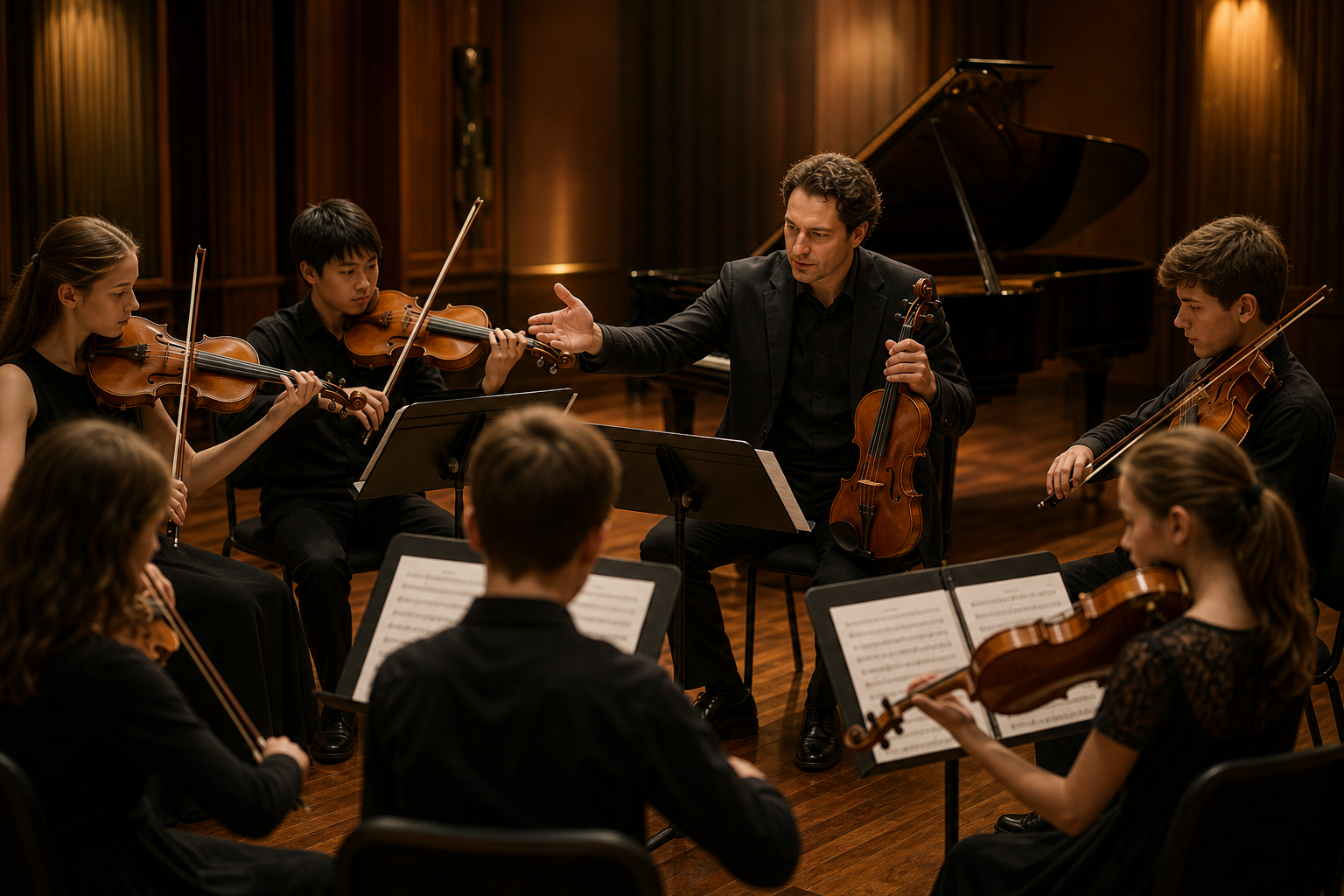 Focused violin and viola students in an orchestral rehearsal coaching session