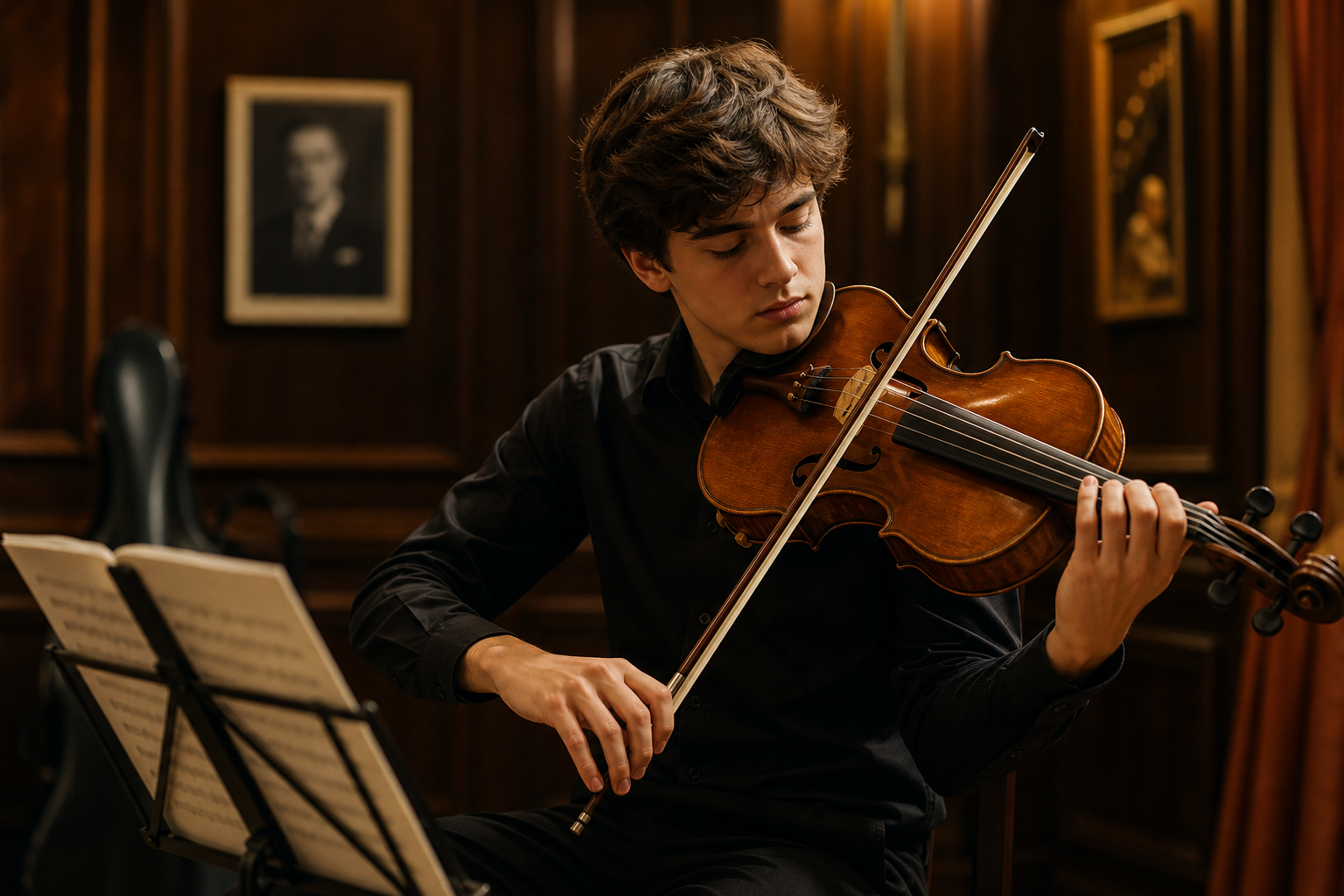 Focused advanced teen violist rehearsing in a refined studio with warm lighting