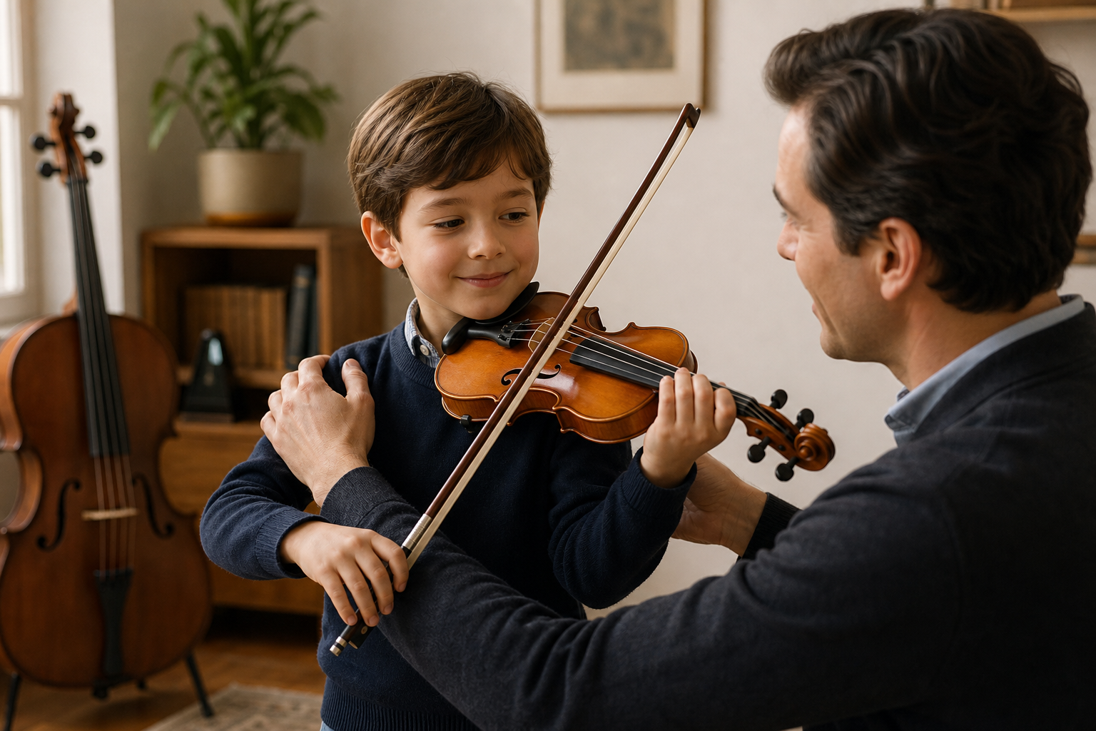 Young child learning violin posture with a supportive teacher in a warm studio