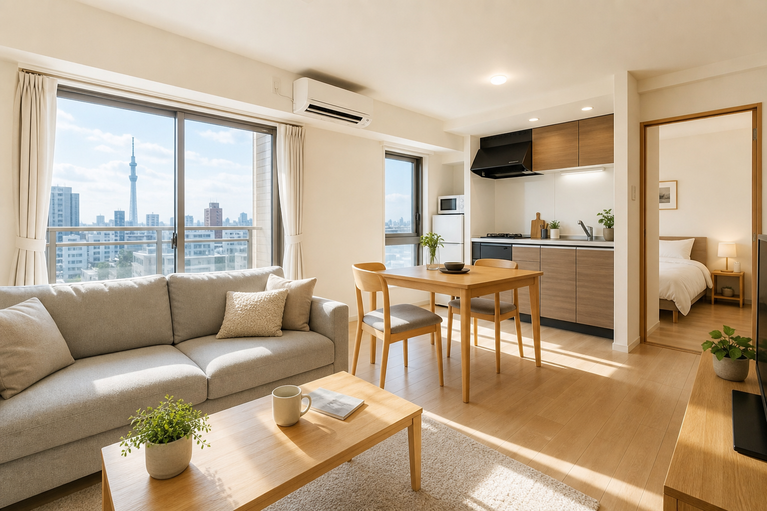 Bright tidy furnished apartment interior in a Japanese city with large window light, modern sofa, wooden dining table, and neat decor