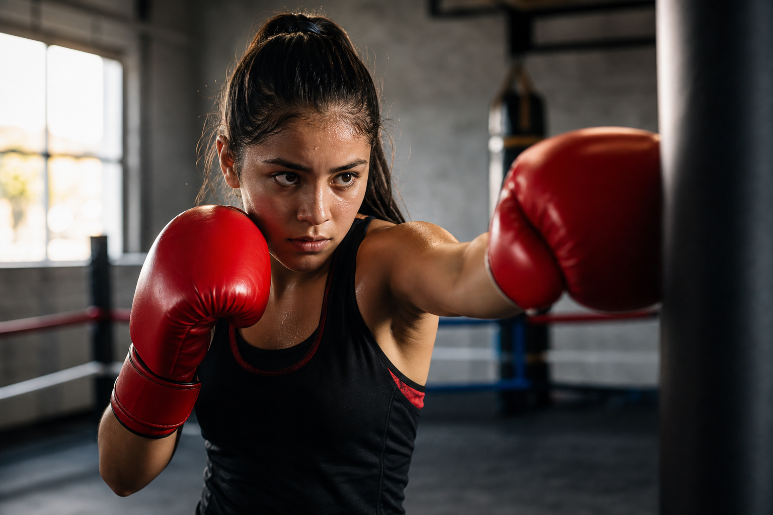 Boxeadora con guantes rojos entrenando con concentración en un gimnasio iluminado