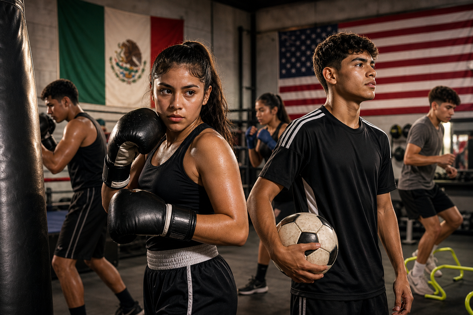 Grupo de jóvenes atletas en un gimnasio mixto, una boxeadora con vendas y un futbolista con balón entrenando juntos, energía de comunidad entre México y Estados Unidos