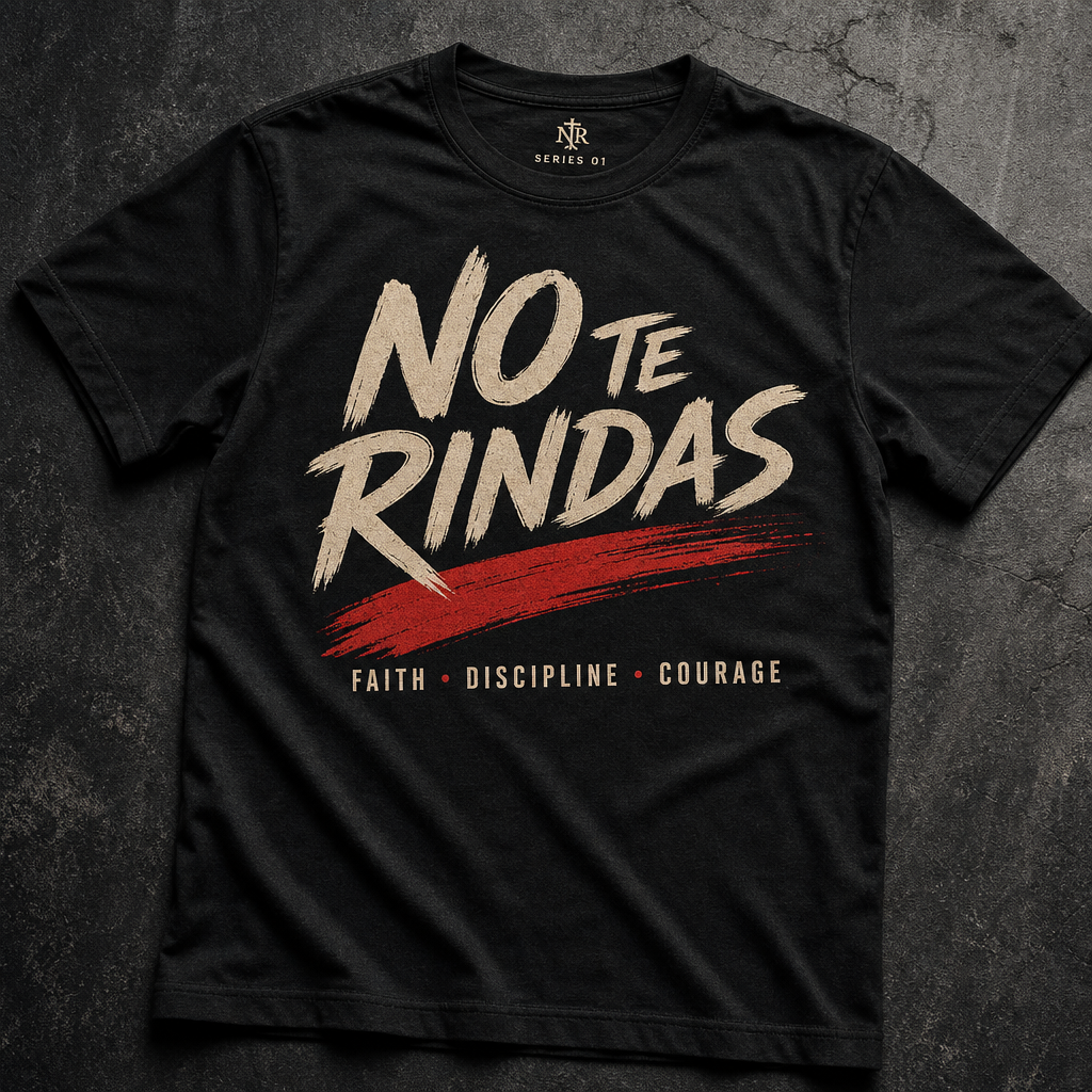 Camiseta negra de la Serie 01 con letras crema y acentos de brochazo rojo profundo, estilo audaz y resistente
