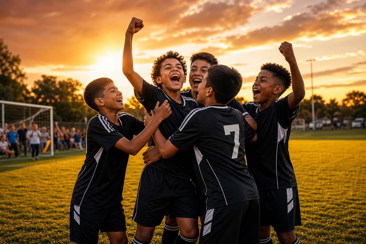 Equipo juvenil de fútbol celebrando en una cancha al atardecer