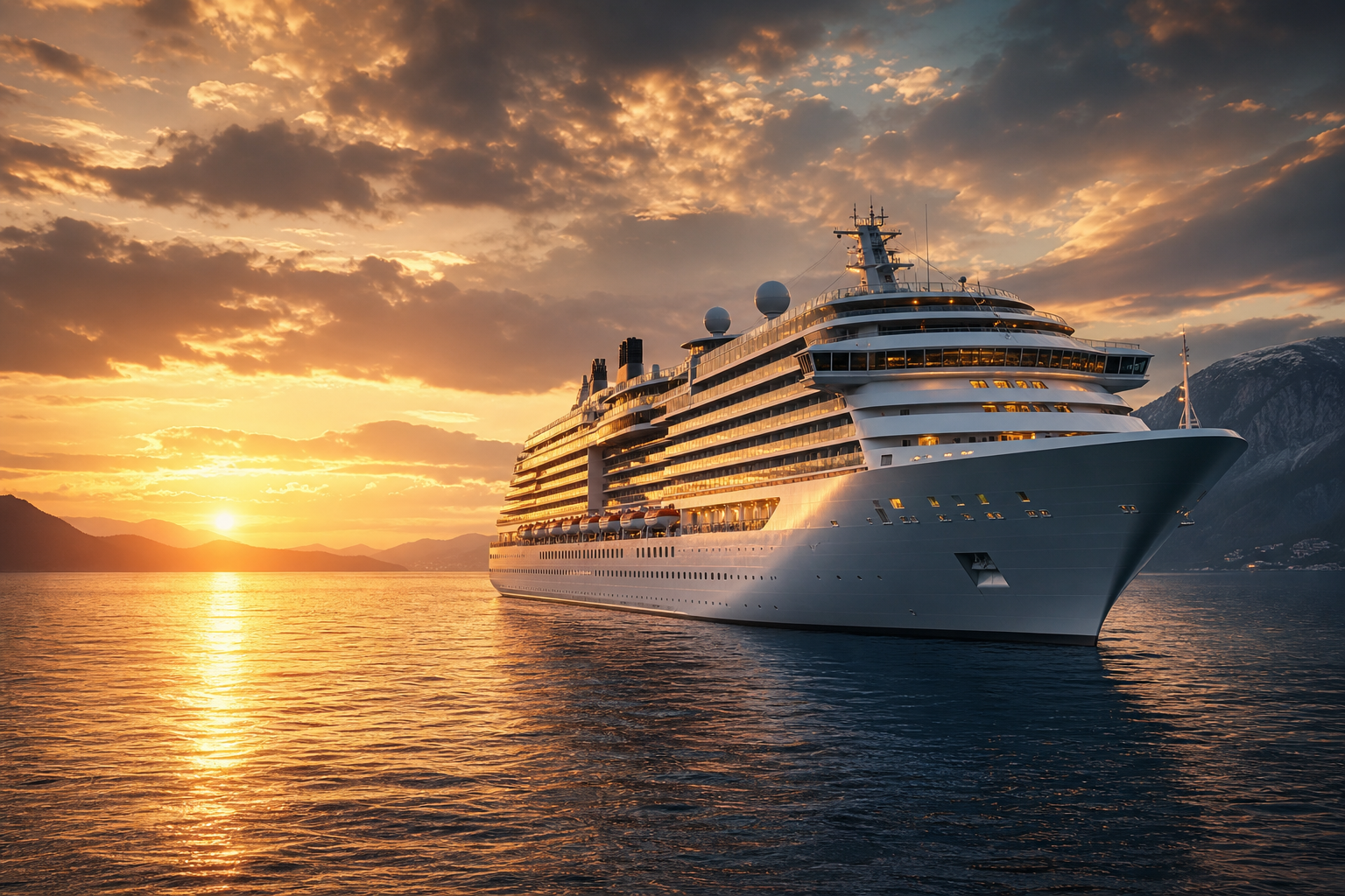 Luxury cruise ship sailing across calm North American waters at golden hour with cinematic clouds