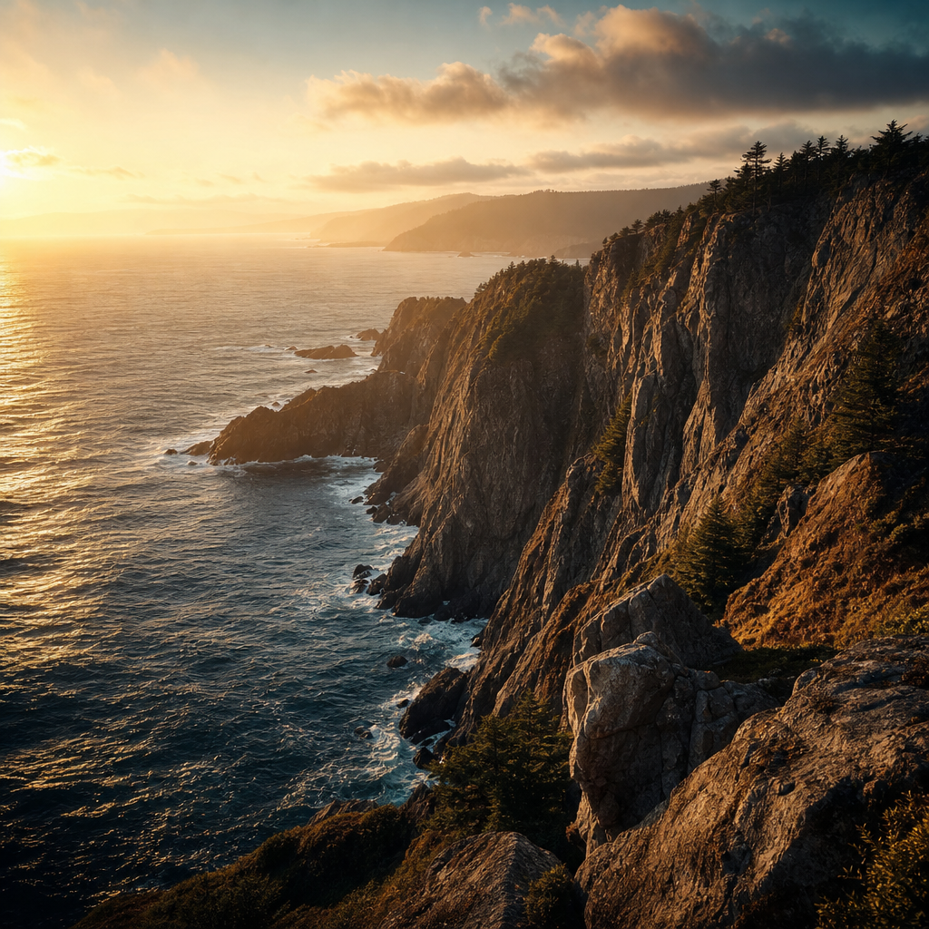 Dramatic North American coastline with steep cliffs, misty horizon, and a calm deep-blue ocean at golden hour