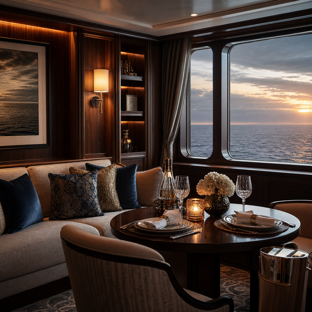Luxury cruise suite lounge with walnut finishes, cream textiles, soft candlelit dining setup, and panoramic ocean window