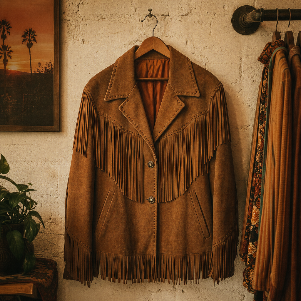 Sunset Suede Fringe Jacket in warm boutique light