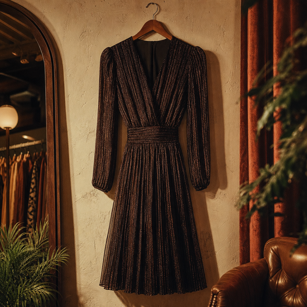 Disco Night Pleated Midi Dress in warm boutique light