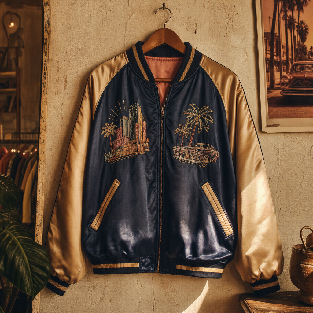 Electric Avenue Satin Bomber in warm boutique light