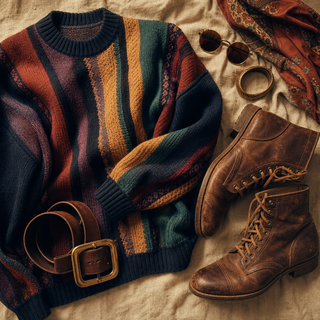 Close-up collage of a striped 80s knit, brass belt buckle, and vintage leather boots on textured linen