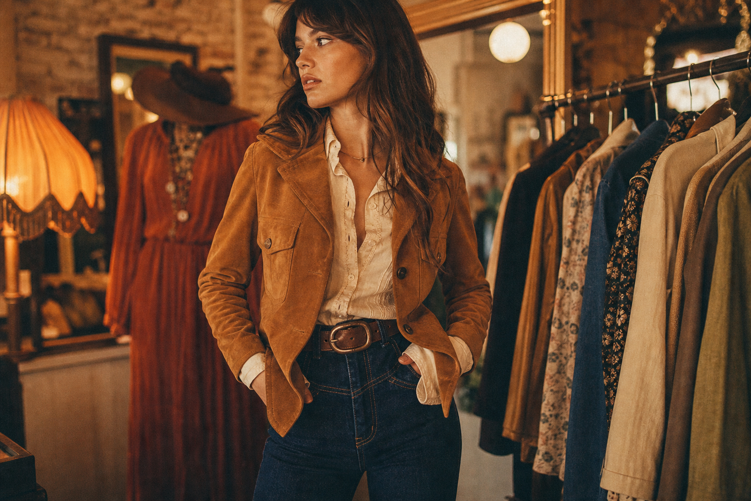 Model in a warm-toned vintage outfit