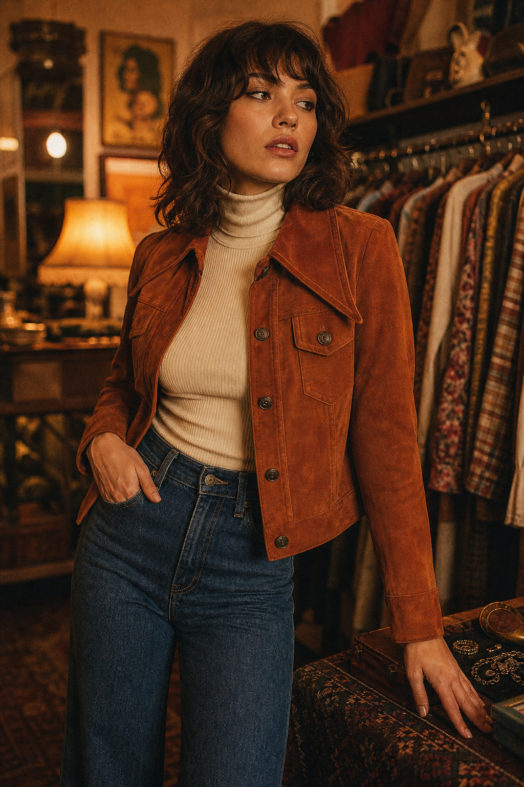 Stylish model in a burnt orange 70s suede jacket and high-waist denim, photographed with warm film lighting in a boutique setting