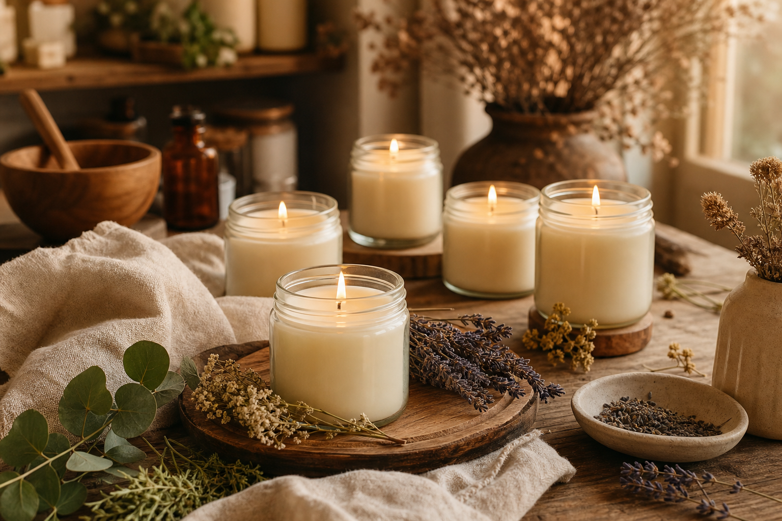 Warm artisan candle studio with hand-poured soy candles on a wooden table, soft linen cloths, and dried botanicals
