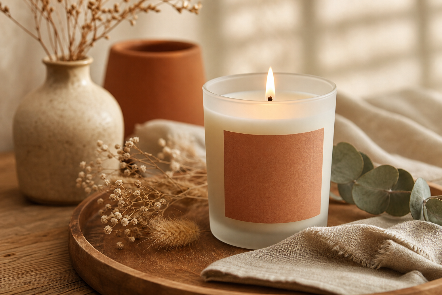 Warmly lit artisan soy candle in a frosted glass jar with a soft terracotta label, sitting on a wooden tray with dried botanicals