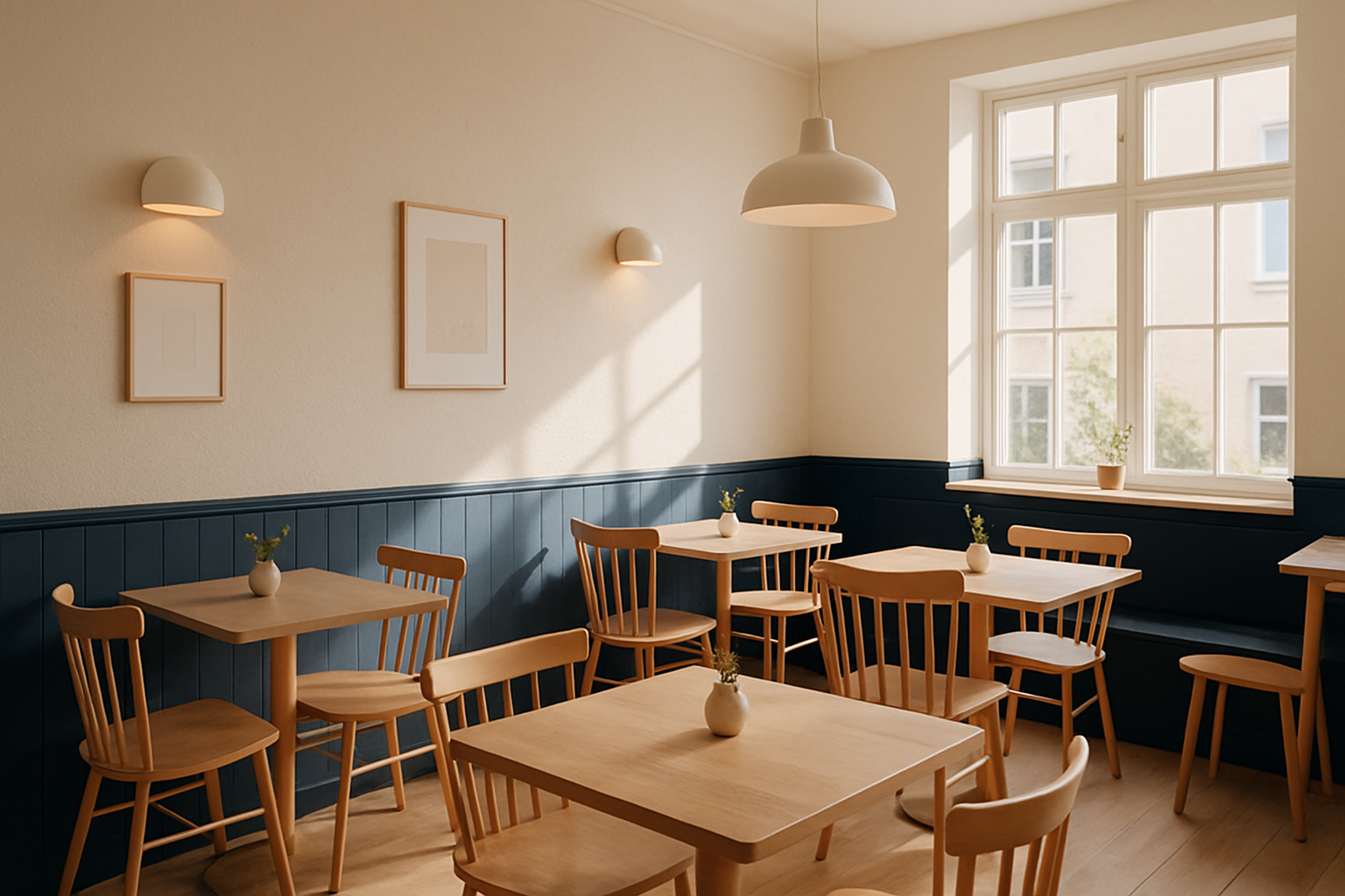 Sunlit Scandinavian cafe interior with light wood tables, deep navy accents, and cozy seating