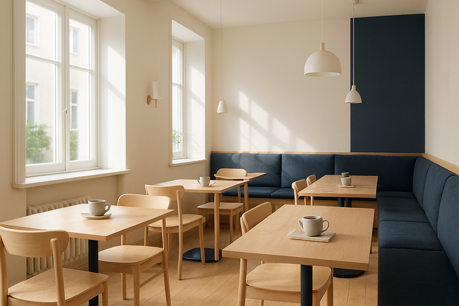 Bright Scandinavian cafe interior with pale wood tables, ceramic coffee cups, and warm natural light
