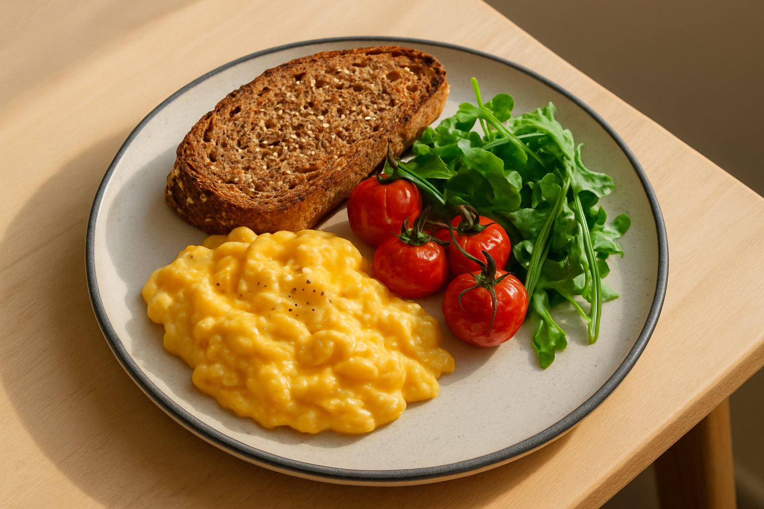 Simple breakfast plate with eggs, toast, and greens