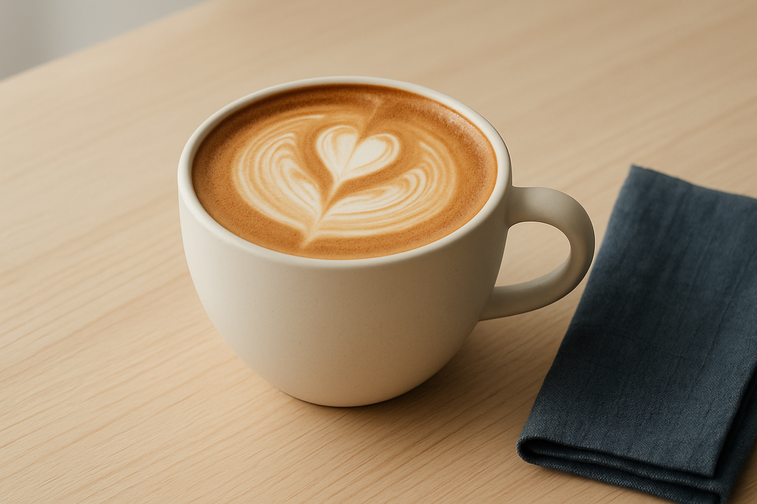Ceramic cappuccino cup with latte art on a light wood table