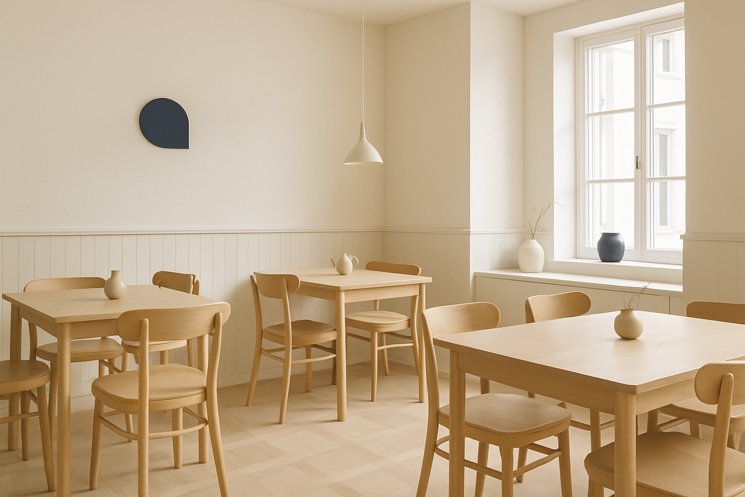 Minimal cafe interior with light wood chairs and tables