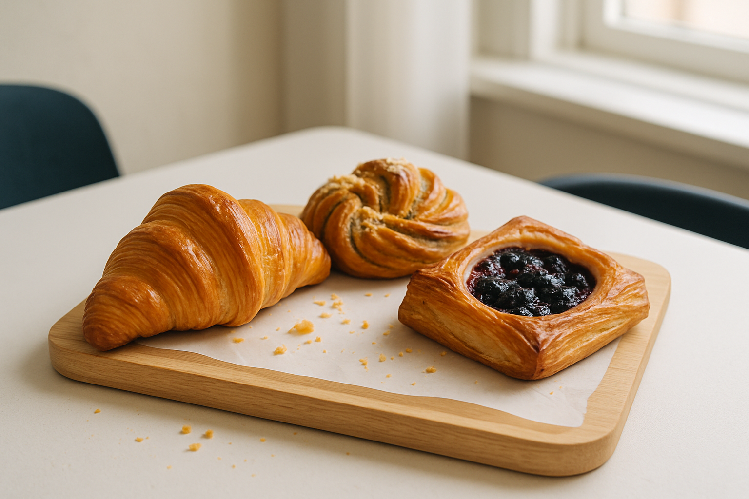 Assorted buttery pastries on a wooden serving board