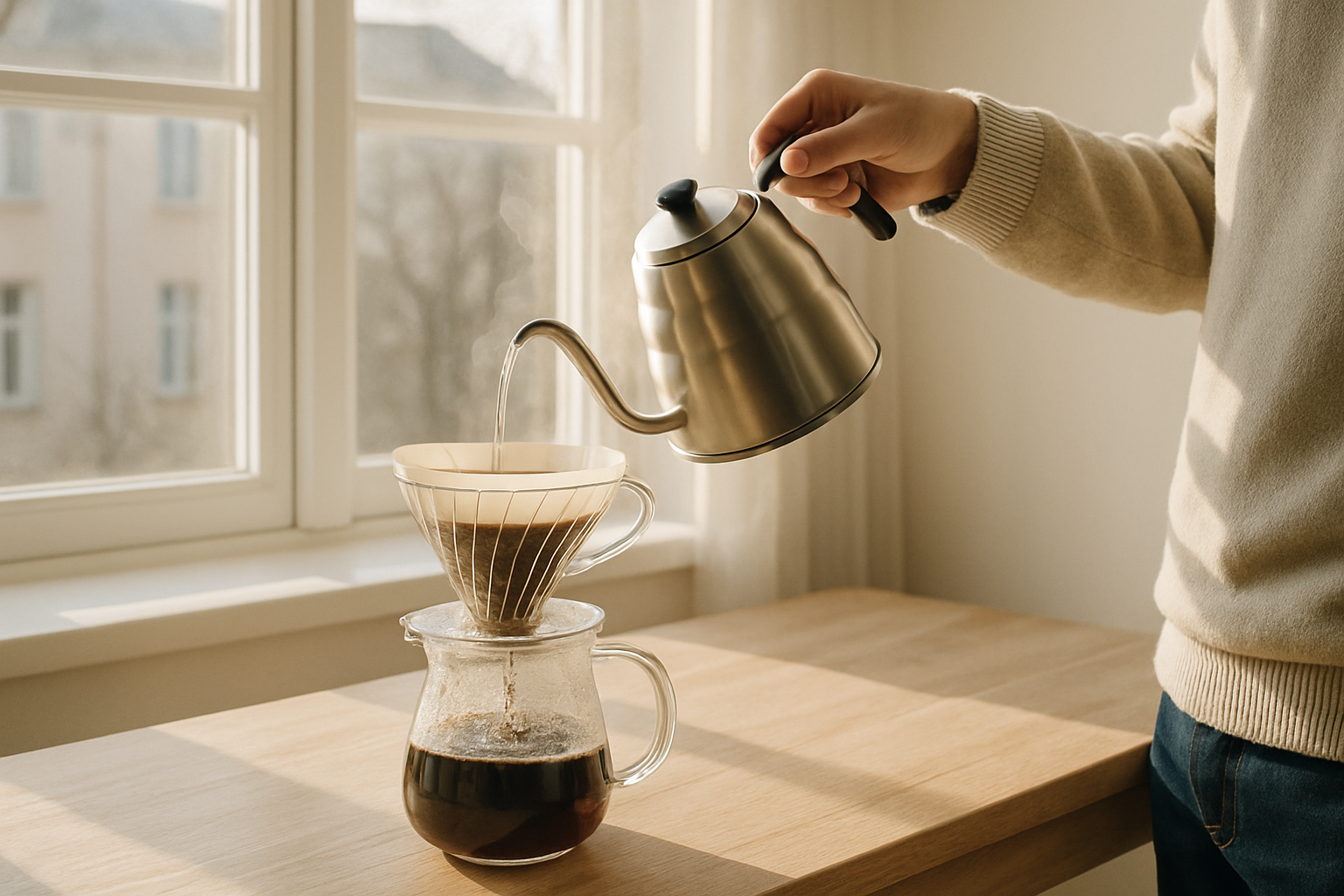 Pour-over coffee setup in soft morning window light