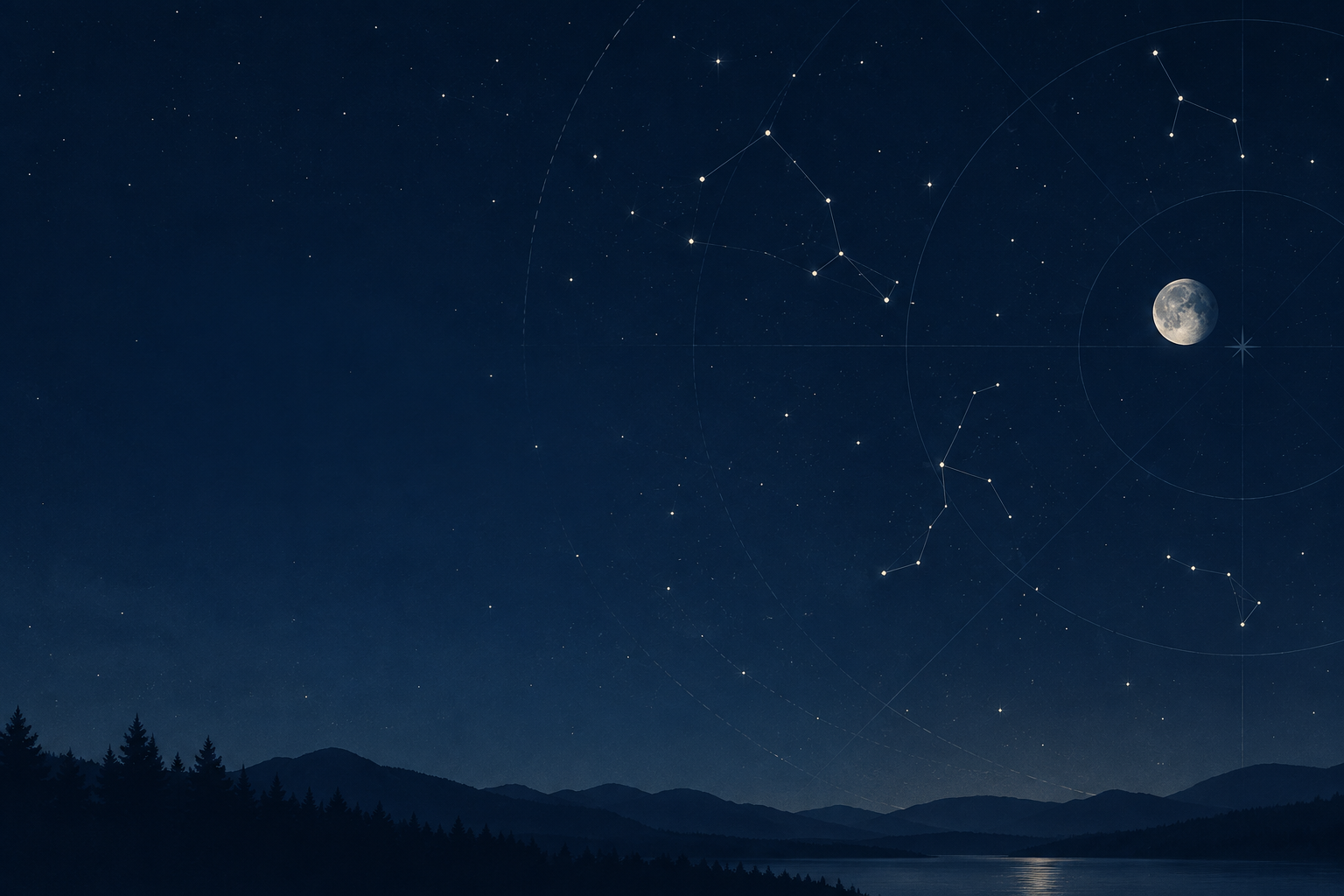 Calm deep-night sky with subtle star-map geometry and faint constellation line overlays
