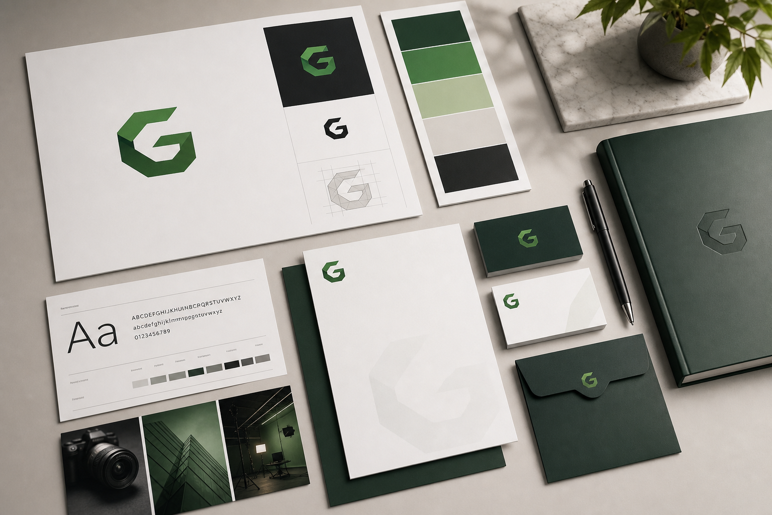 Subject brand identity presentation mockup for the dominant case block, showing a refined logo system, color palette boards, and stationery layouts on a clean desk.