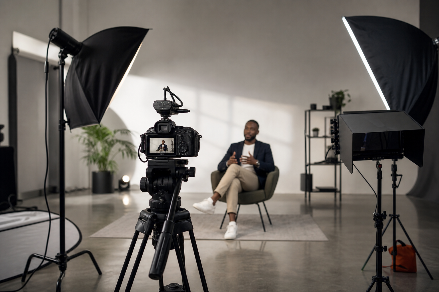 Subject media production or content shoot scene for the second supporting case block, showing a camera setup, lighting, and talent framing in a modern studio.