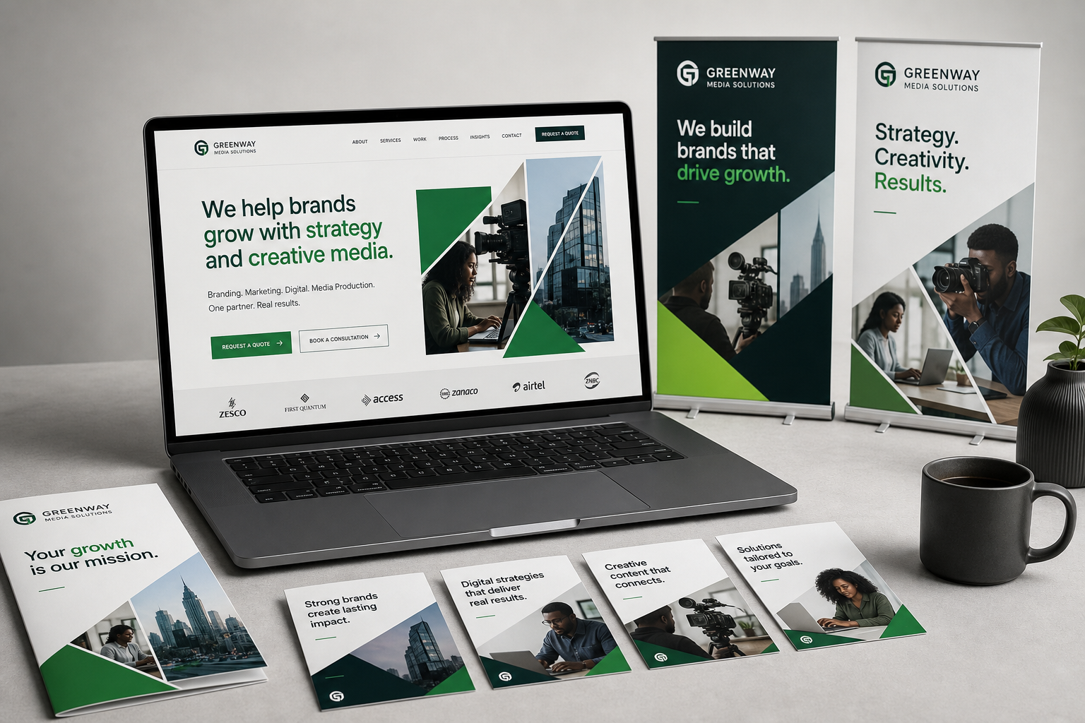 Subject website and campaign creative mockup for the first supporting case block, featuring a laptop with a modern homepage and adjacent campaign banner layouts.