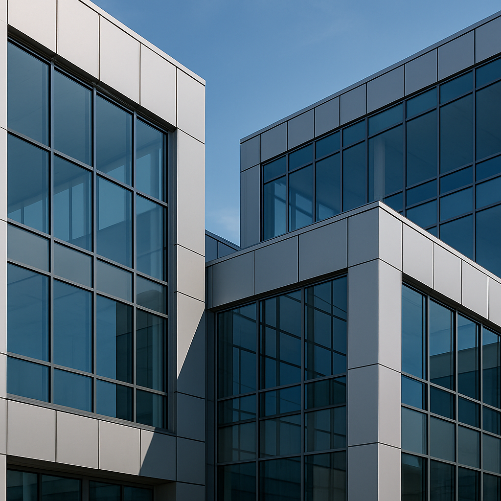 تفصيل واجهات ألمنيوم وزجاج متداخلة