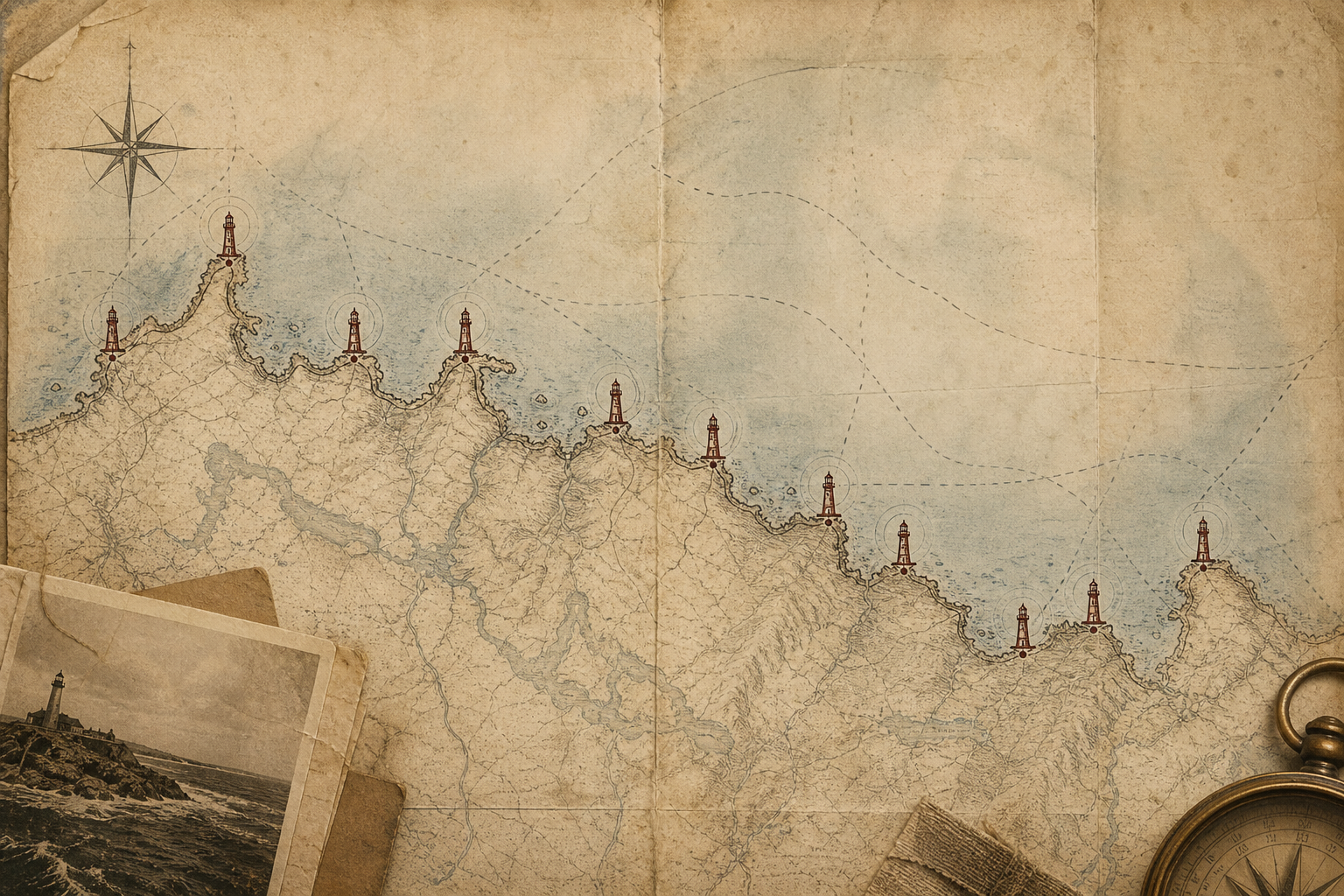 Stylized archival northern coastline lighthouse map with worn paper tones and hand-marked tower points