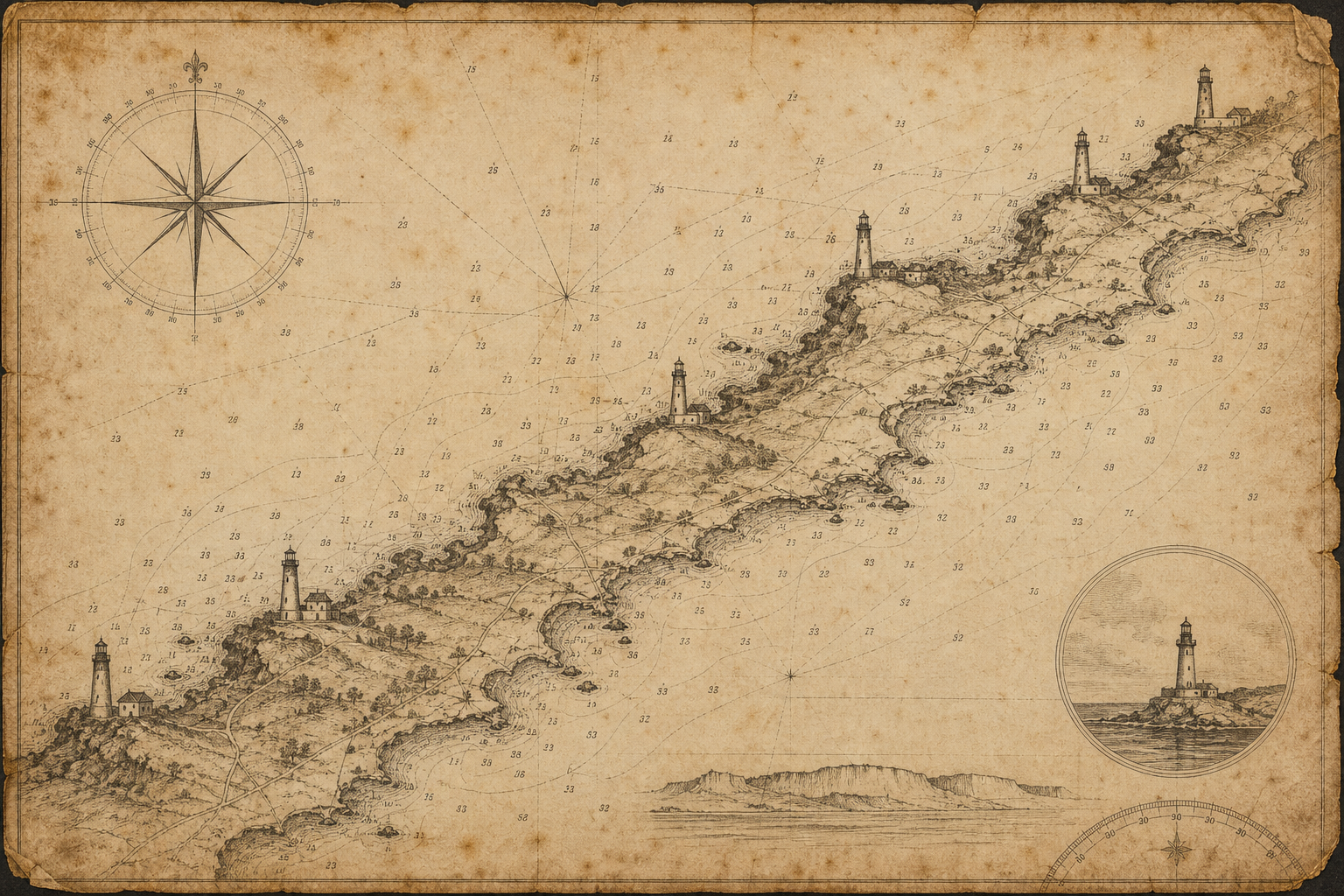 Aged coastal chart fragment with lighthouse markings and weathered paper texture
