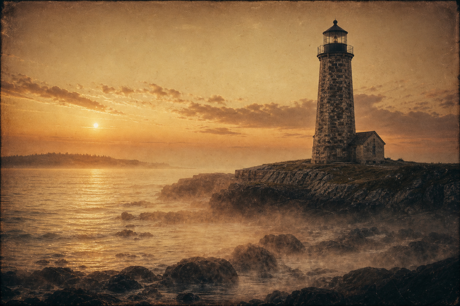 Weathered stone lighthouse on a northern shoreline at golden-hour dusk, with sea haze, gentle surf, and archival warm film tones