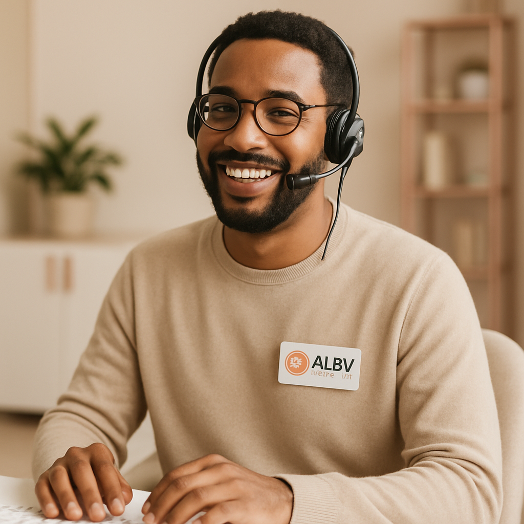 Profissional de TI da ALBV Digital atendendo cliente com cordialidade