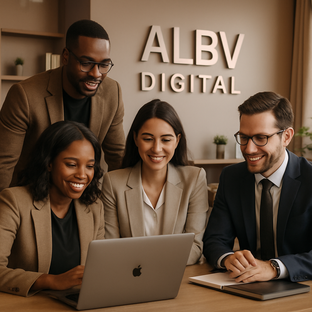 Equipe ALBV Digital em escritório moderno, colaborativo e profissional