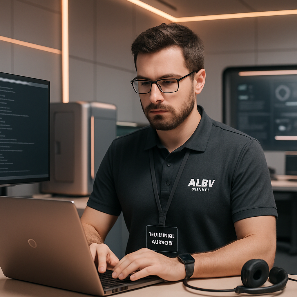 Especialista ALBV Digital prestando suporte técnico em ambiente tecnológico
