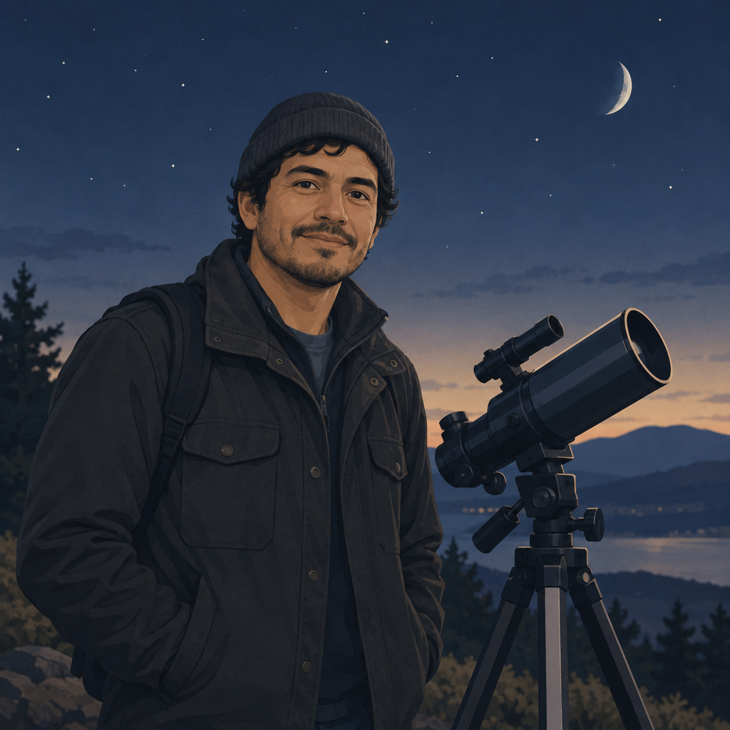 Illustrated portrait of Elias Rivera wearing a charcoal beanie and holding a compact telescope in twilight light