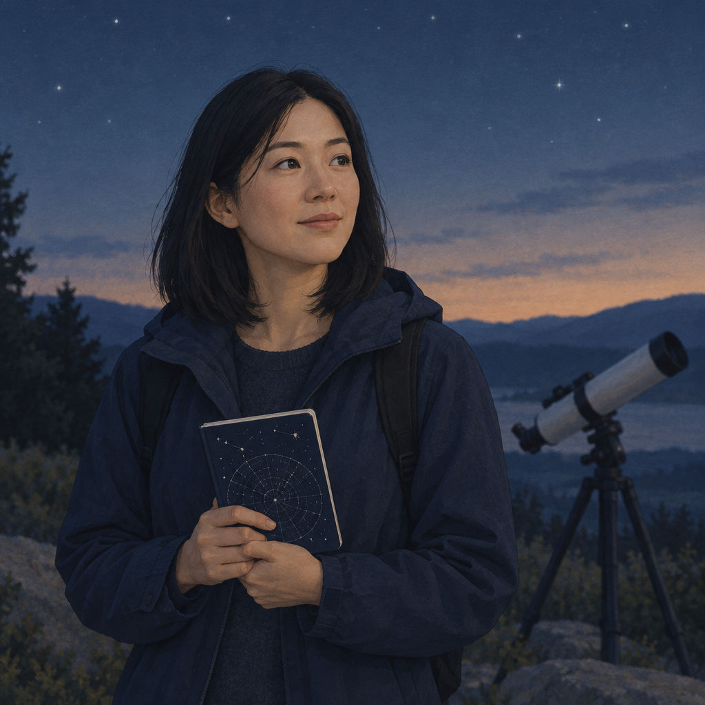 Illustrated portrait of Maya Lin, a calm organizer in a navy jacket with a star chart notebook