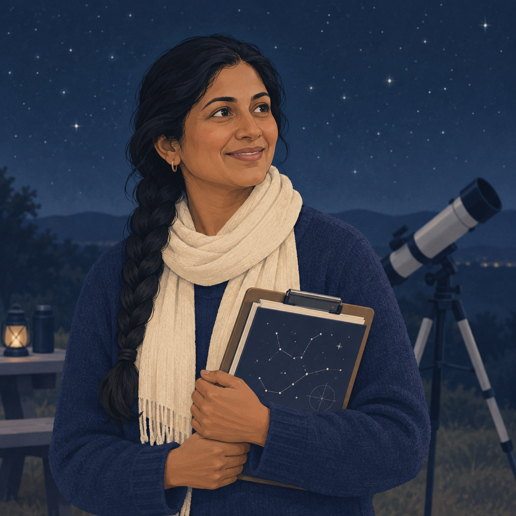 Illustrated portrait of Sanaa Patel in a cream scarf, smiling beside a clipboard of constellation sketches