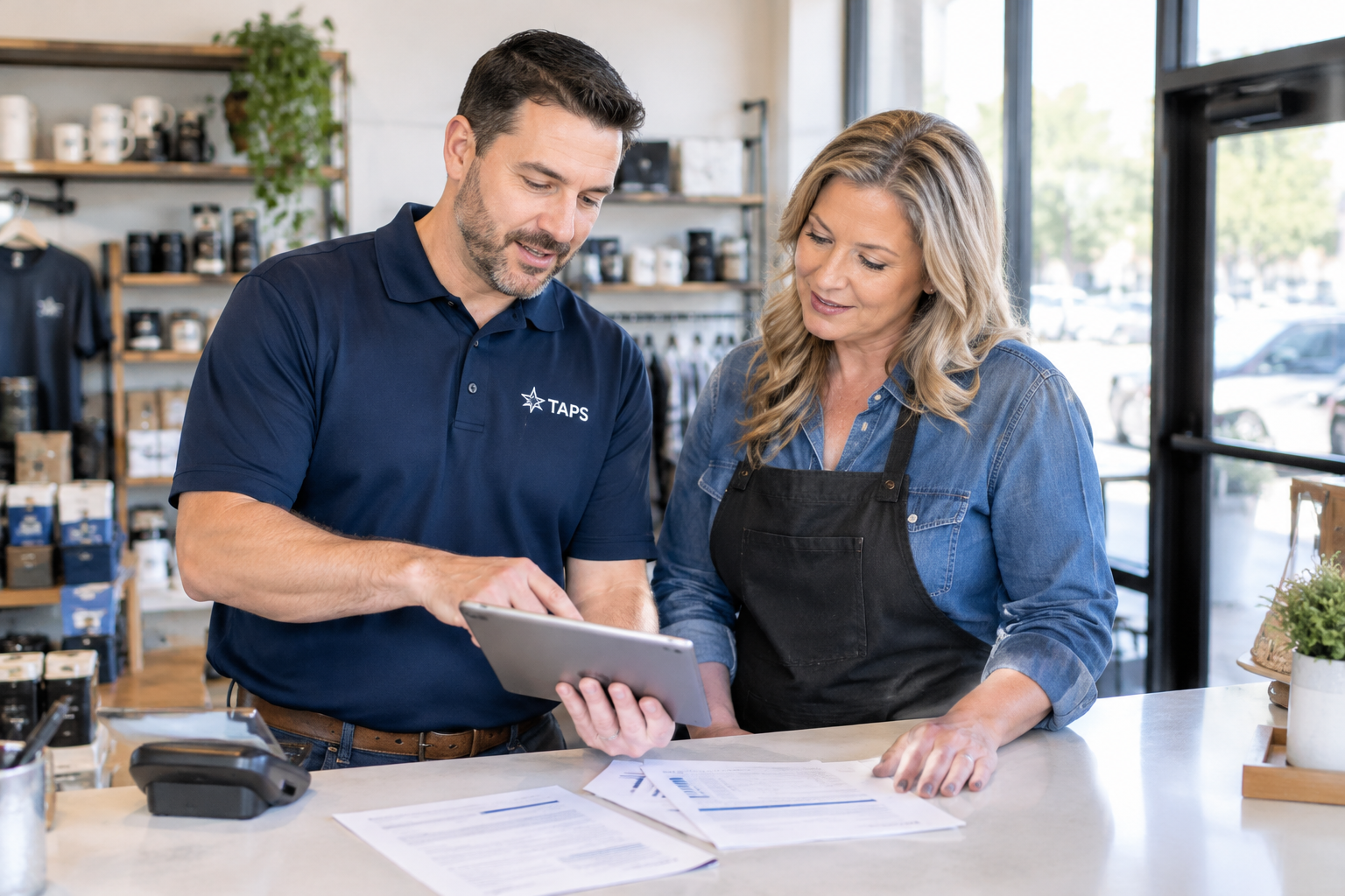 Payment consultant speaking with a local small business owner while reviewing processing options at a shop counter