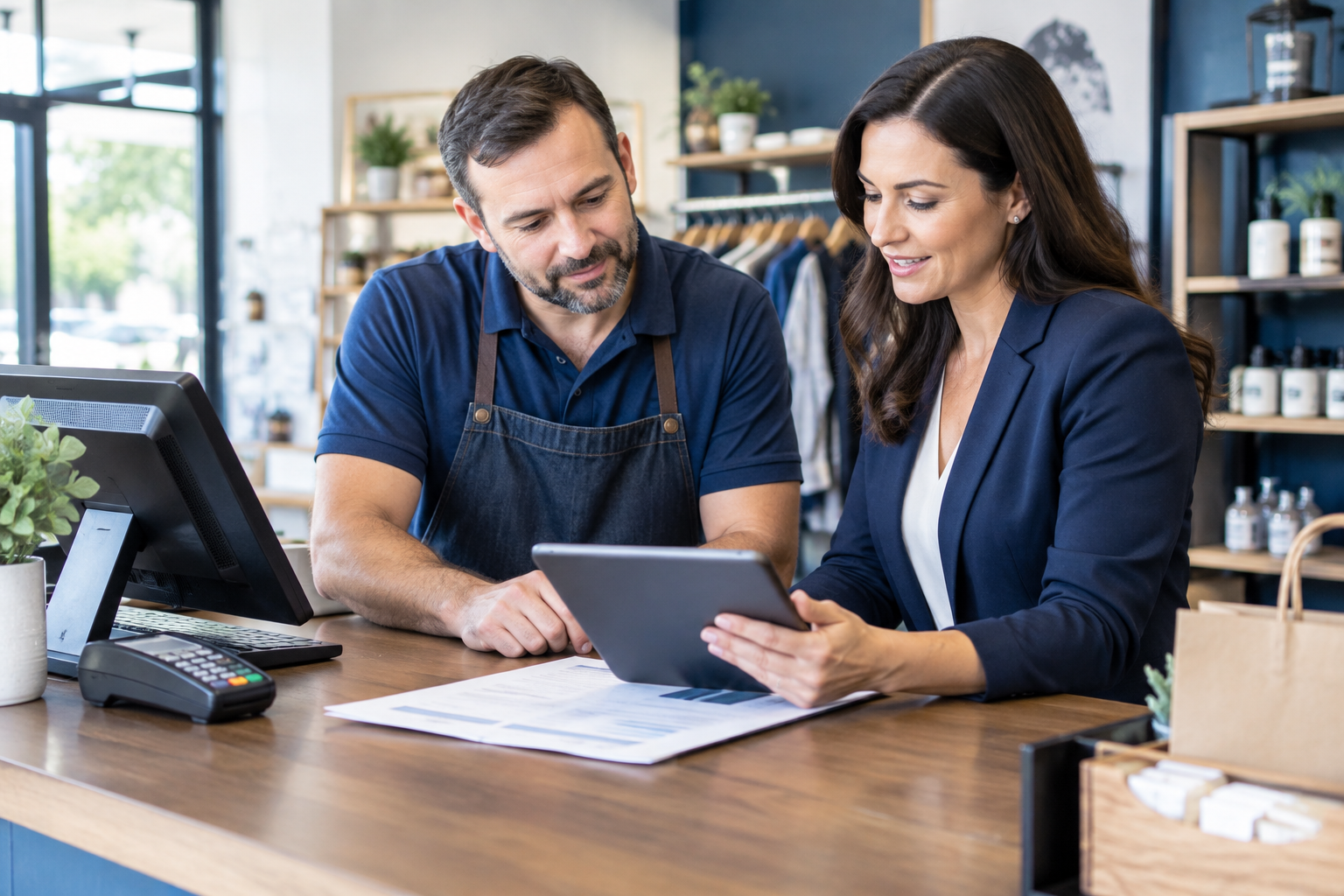 Small business owner and payment consultant reviewing operations at a store counter with a point-of-sale terminal