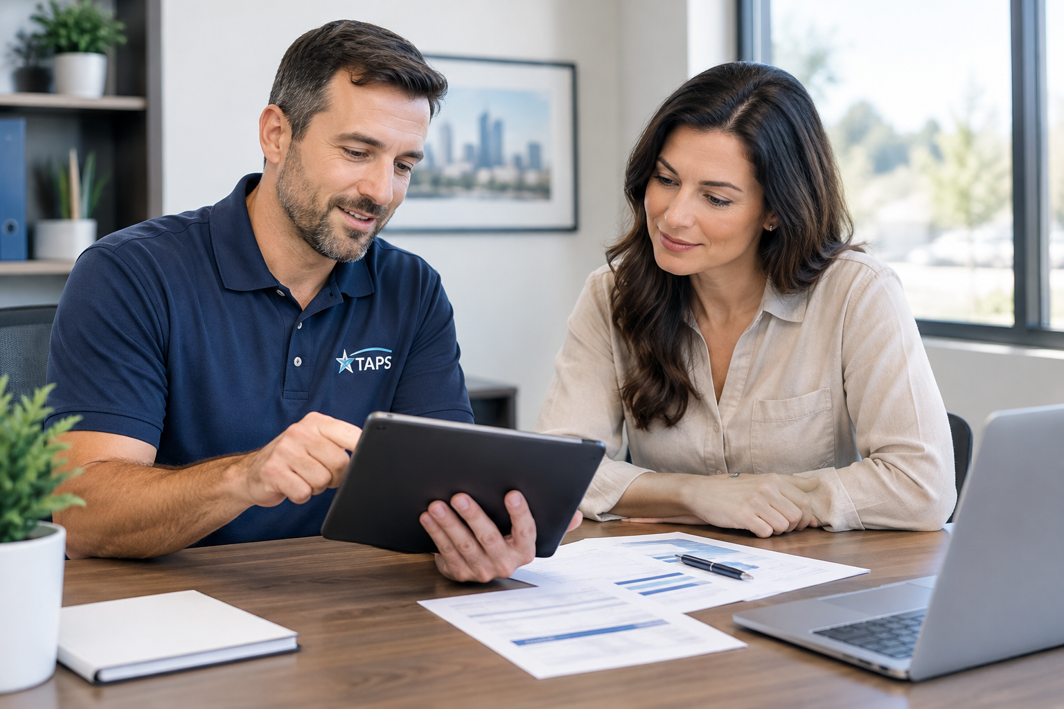 Local business owner and payment consultant reviewing a tablet and paperwork at a clean office desk